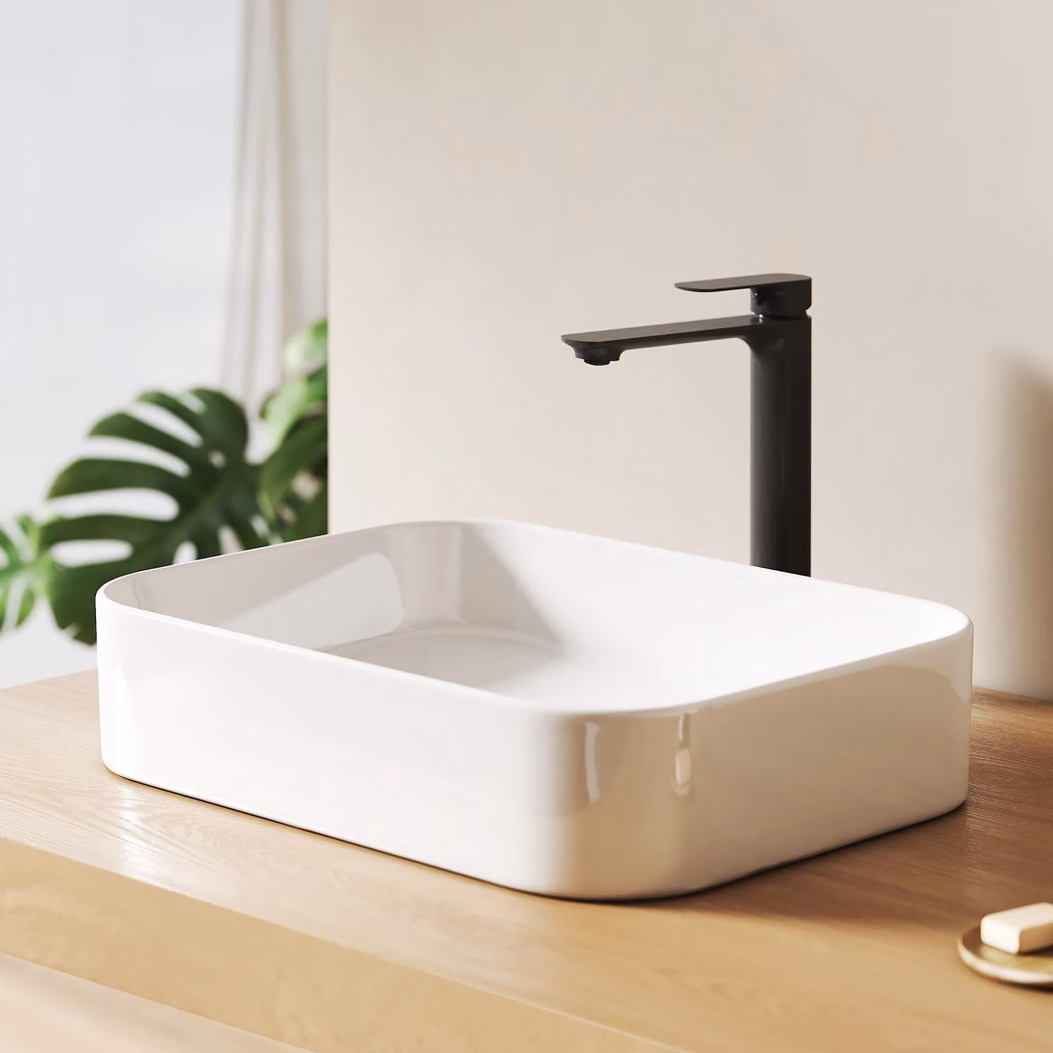 Lavabo da appoggio EMKE 505/510x370 mm rettangolare con curve dolci, ceramica bianca lucida, senza foro per rubinetto e troppopieno, design moderno