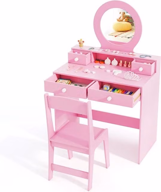 Set tavolo da trucco per bambini con specchio, Set da tavolo da trucco da gioco immaginario Rosa
