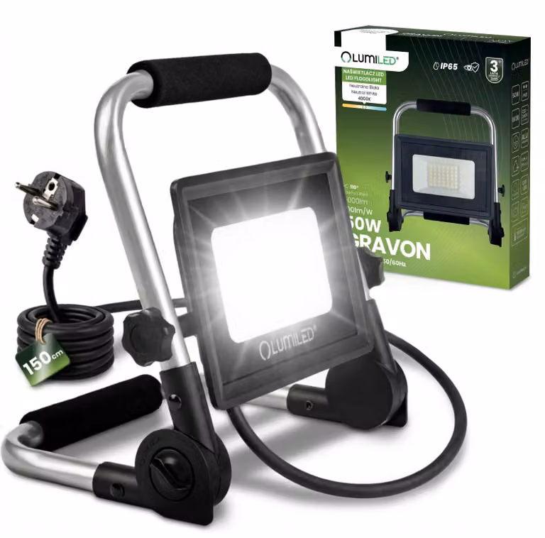 LUMILED Proiettore da cantiere a LED con treppiede 50W 5000 lm Lampada da lavoro 4000K IP65 Impermeabile Lampada da officina portatile Proiettore a LED per garage, cantiere, esterni Proiettore robusto Cavo da 1,5 m con spina Faro da lavoro Proiettore