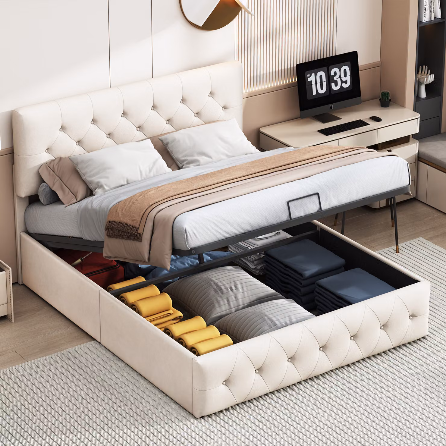 CDGlobal Letto imbottito 140 x 200 cm, letto matrimoniale con testiera imbottita, struttura letto con rete a doghe e gambe in legno, letto per ragazzi Letto con contenitore, letto per camera da letto e camera degli ospiti, lino, beige