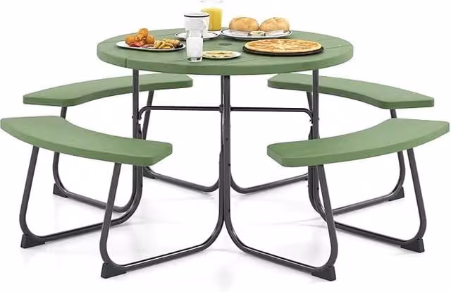 Set da picnic da giardino Costway per 8 persone con tavolo rotondo e 4 panche in HDPE verde – 1