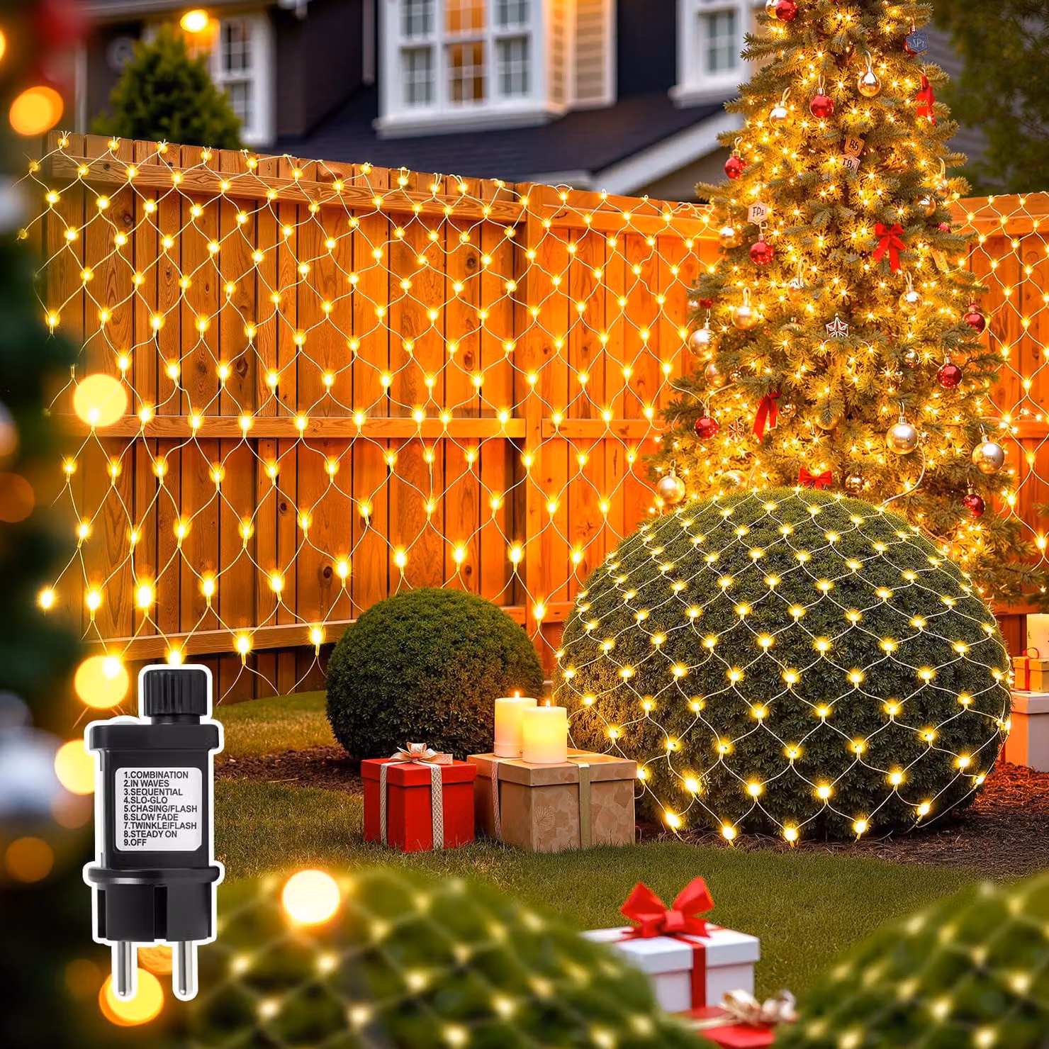 Catena luminosa a LED, dimensioni 3x2 metri, 200 LED, luce bianco caldo, grado di protezione IP44, 9 modalità