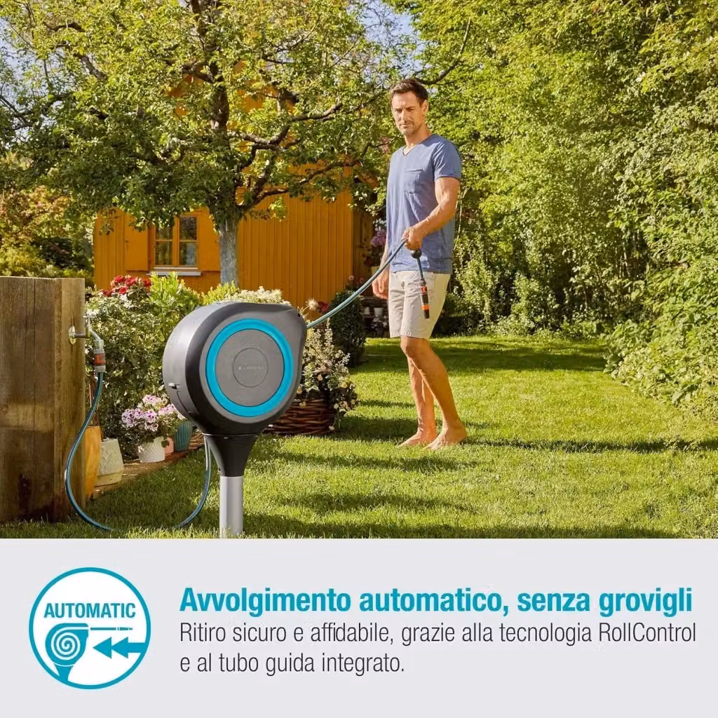 Gardena RollUp M 18614-20 Avvolgitubo da Giardino con Riavvolgimento Automatico e Rotazione 360°, Lunghezza 20 m, colore Turchese – 2
