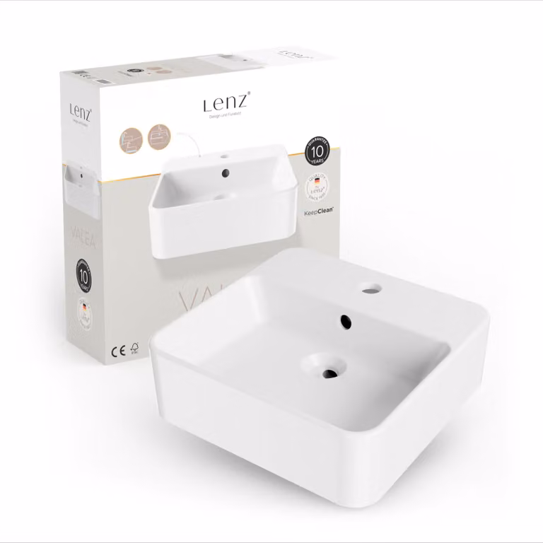 Lavabo VALEA, 40x38,5 cm, bianco, con troppofilo