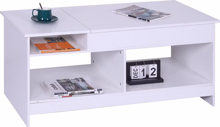 Tavolino ribaltabile Relaxdays, LxPxA: 50x110x50 cm, tavolino da salotto con vano portaoggetti, ripiano aggiuntivo, bianco