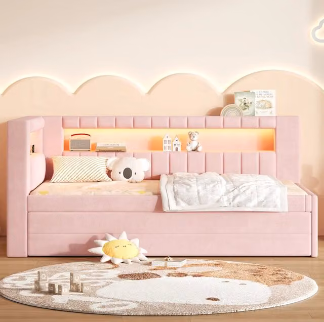 Letto giorno imbottito 90x200 cm con prese USB, illuminazione LED, letto estraibile e tre cassetti rosa