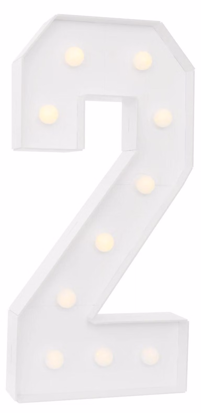 Numero luminoso 2 - Insegna luminosa a LED - Alimentazione a batterie - Luce bianca calda - Decorazione da interno autoportante - Festa di compleanno - Bianco