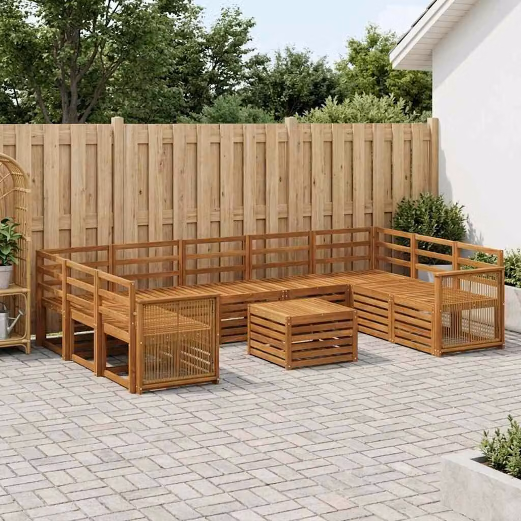 Set di divani da esterno vidaXL in legno di acacia marrone con cuscini e tavolino da giardino a forma di L composto da 10 pezzi