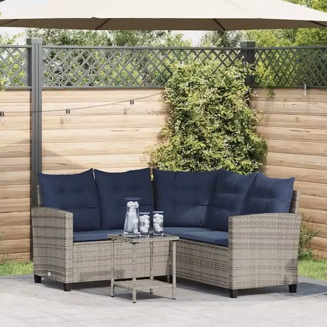 Divano da Giardino con Tavolo e Cuscini a L-Sofa da Giardino-Divano da esterno Grigio Polyrattan 283208