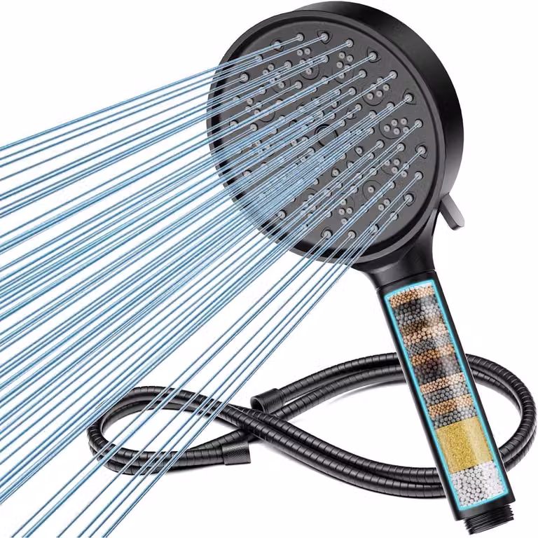 Doccia con flessibile, soffione ad alta pressione con 6 diverse modalità di getto, a risparmio idrico, con filtro anticalcare, colore nero