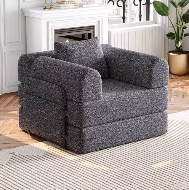 Poltrona letto 2 in 1 in ciniglia grigia con vano portaoggetti nel bracciolo