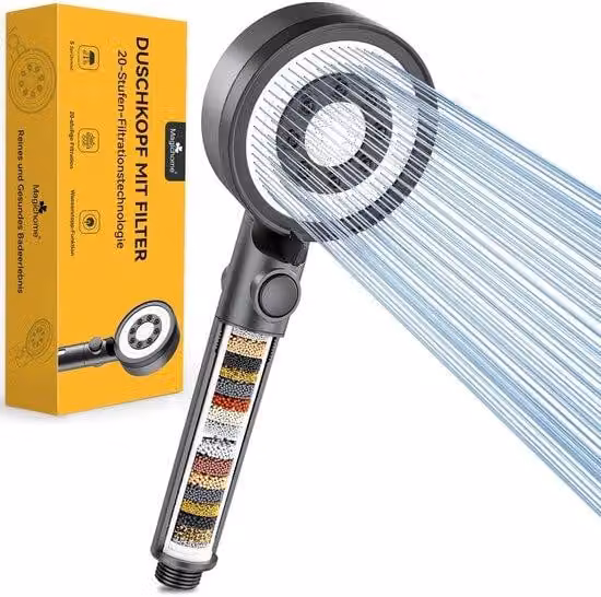 Doccia a risparmio idrico con filtro a 20 strati, 5 tipi di getto, doccetta ad alta pressione