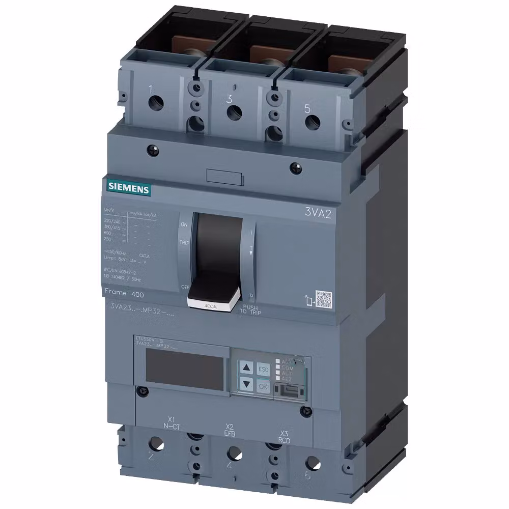 Interruttore di potenza Siemens 3VA2, telaio IEC 400, classe di capacità di interruzione C, Icu=110 kA a 415 V, 3VA23257MP320AA0
