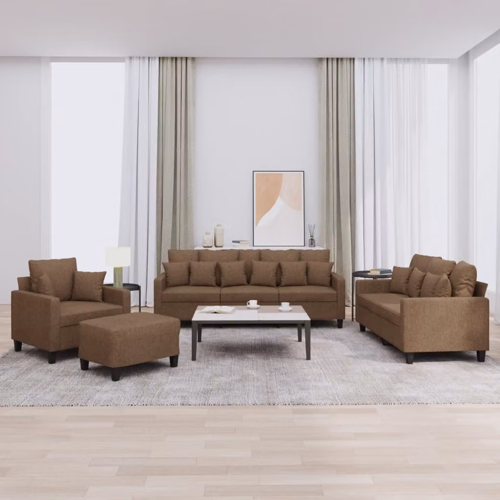vidaXL Set di Divani Moderno 4 Pezzi in Tessuto Marrone con Cuscini e Ottoman – 1