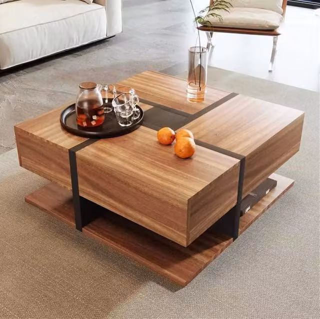 Tavolino basso 78x78x36 cm naturale in pannello truciolare, 4 cassetti