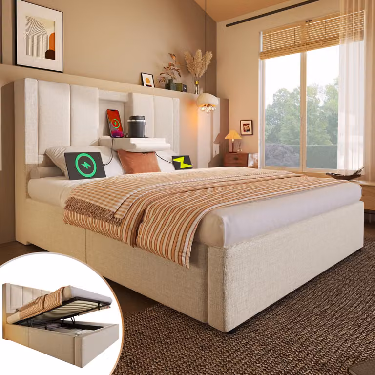 STILVORA Letto imbottito 90x200 cm Letto per ragazzi con portabicchieri nascosto e stazione di ricarica, letto idraulico con spazio di stivaggio sotto il letto, lino beige