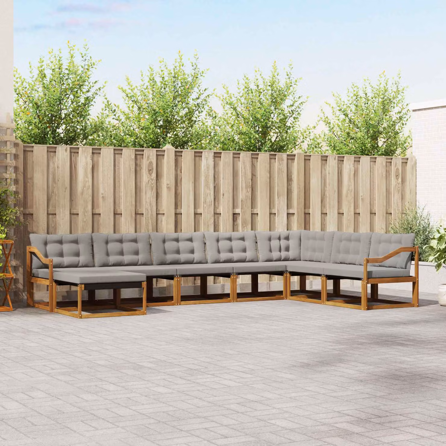 Set di divani da esterno vidaXL a forma di L composto da 8 pezzi in legno di acacia e tessuto grigio con cuscini inclusi