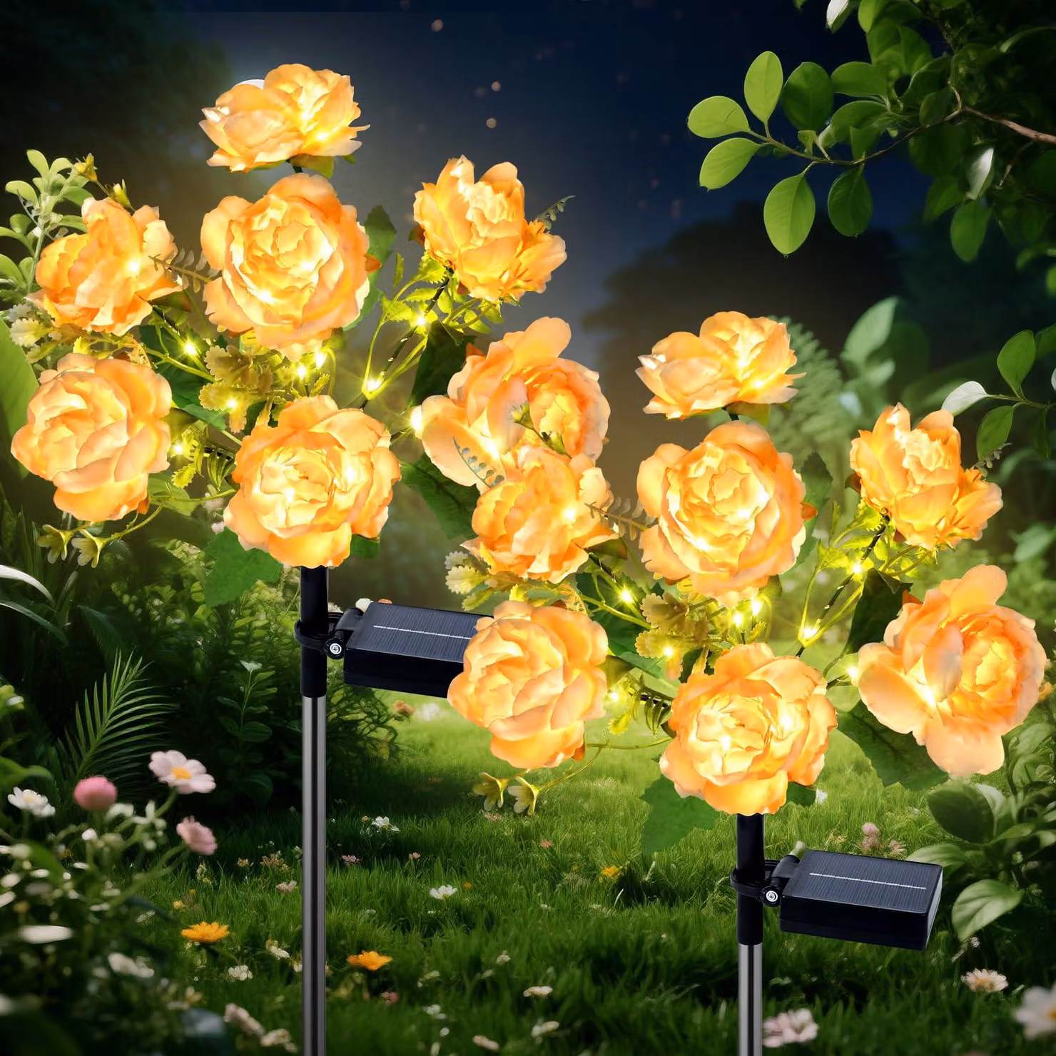 Lampade solari a forma di rosa, set da 2, luce bianco caldo, 8 modalità, grado di protezione IP65