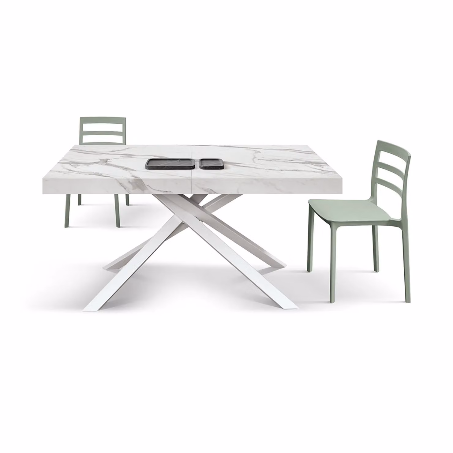 Tavolo FORTE DEI MARMI in legno, finitura bianco statuario e base in metallo bianco, allungabile 160×90 cm – 240×90 cm