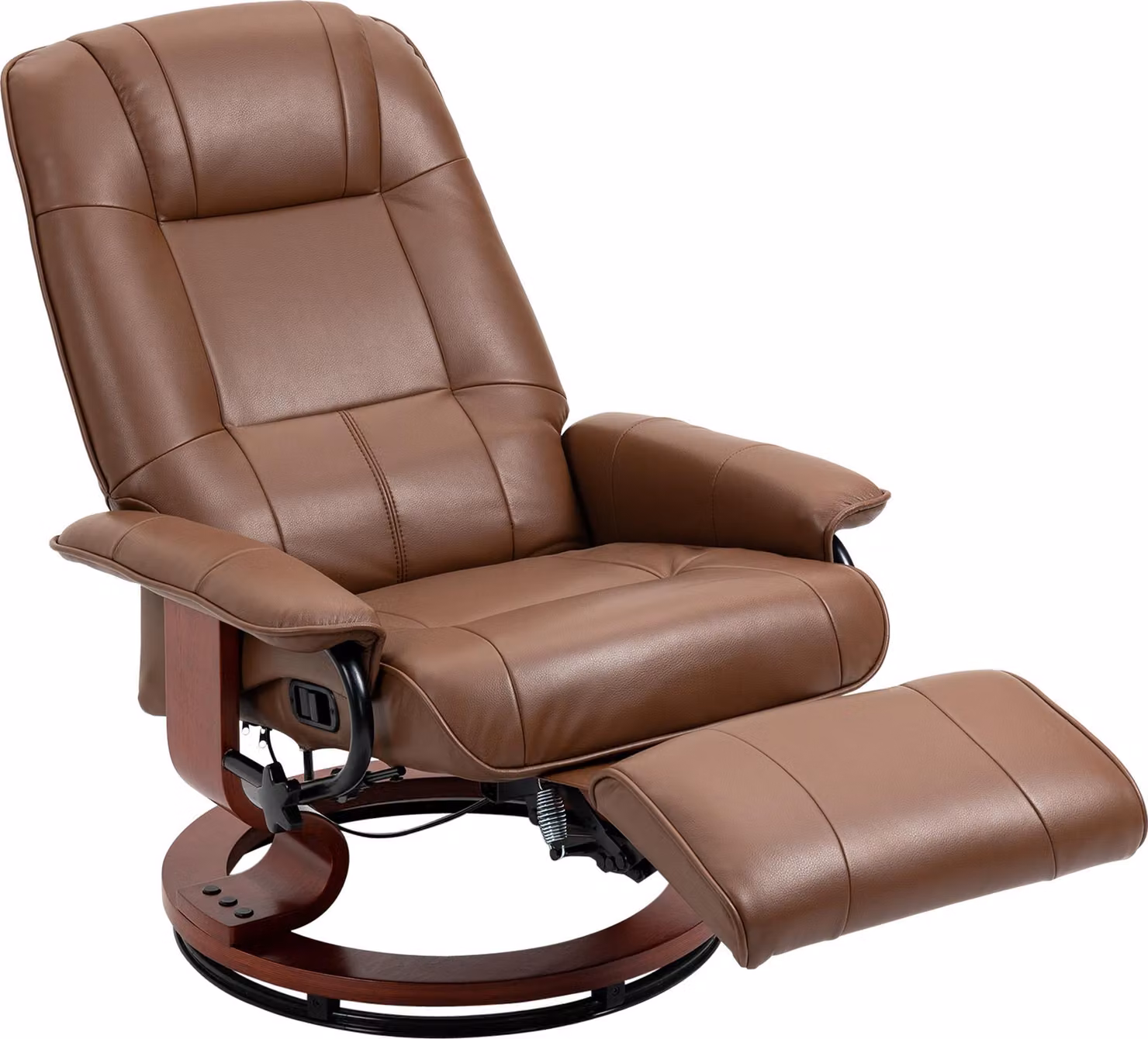 Poltrona reclinabile Moonbite con schienale regolabile fino a 145° e poggiapiedi manuale, struttura in legno, rivestimento in ecopelle, portata massima 120 kg, colore marrone
