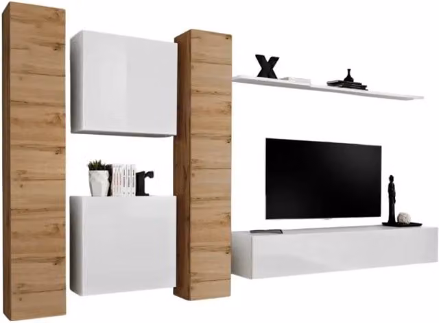 Composizione murale SWITCH VI Meublorama mobile TV sospeso bianco lucido e quercia Wotan per soggiorno L: 330 cm, H: 180 cm, P: 40 cm – 1