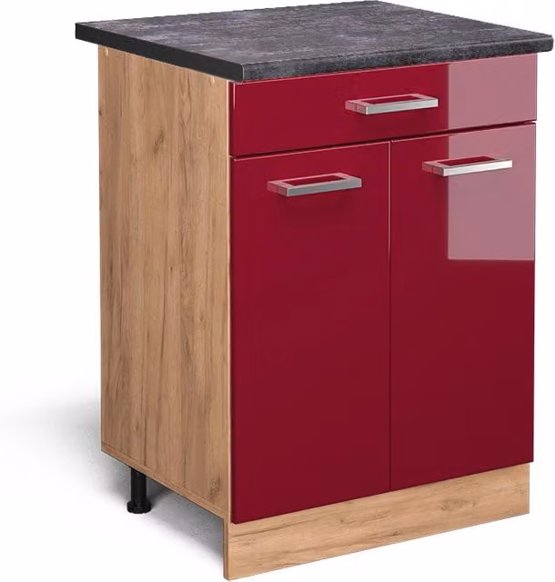 Mobiletto base per cucina R-Line Rosso lucido/Rovere dorato 60 cm con cassetto, PL Antracite Vicco