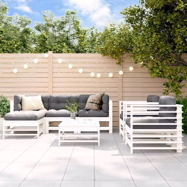vidaXL Set Salotto da Giardino a L in Legno di Pino Bianco con Cuscini, 7 Pezzi
