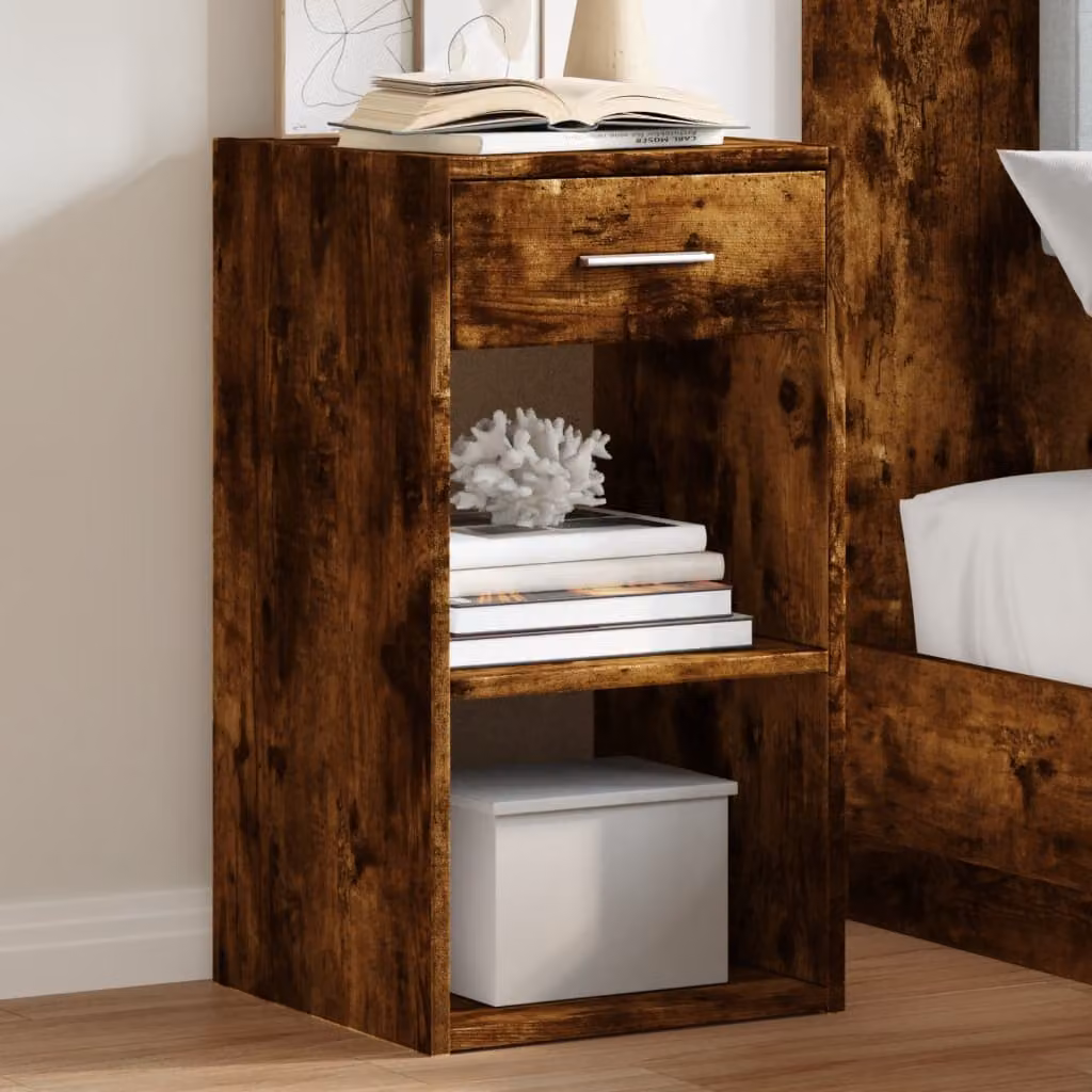 Comodino moderno vidaXL in legno multistrato color rovere fumo, sospeso a parete, L 35 cm x P 34 cm x H 65 cm