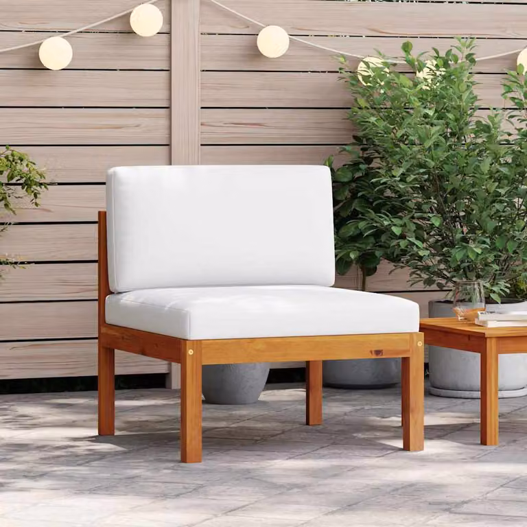 Divano da giardino centrale vidaXL in legno di acacia oliato con cuscini in tessuto bianco e nero e dettagli in corda