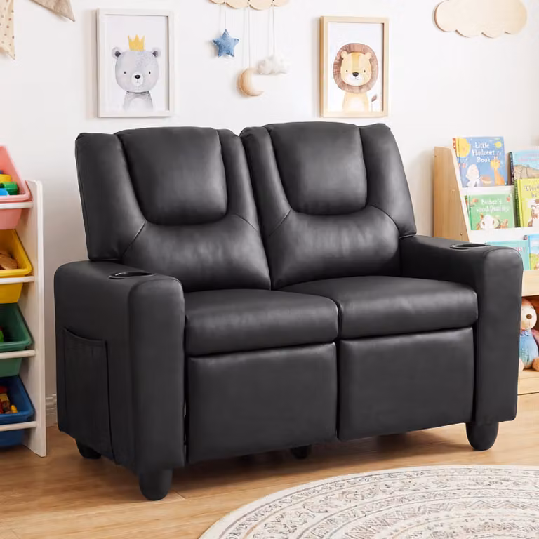 Divano a 2 posti per bambini Costway con portabicchieri, poltroncina imbottita e poggiapiedi reclinabile, Nero
