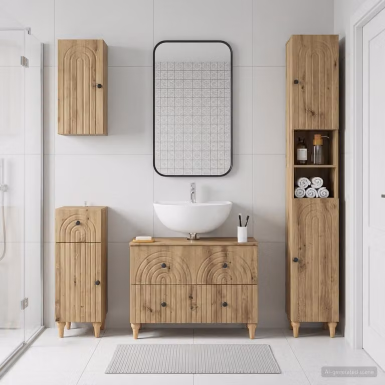 Set di mobili da bagno moderno vidaXL ALKMAAR in legno rovere marrone composto da 4 pezzi con mobile lavabo e pensili a muro