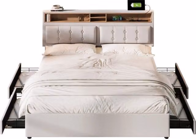 Letto Matrimoniale Moderno con 4 Cassetti e Porte USB/Tipo C, Testiera Regolabile e Ripiani, Colore Beige, L/P/H: 140 x 200 x 104 cm – 1