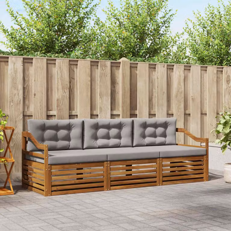 Set di divani da esterno 3 pezzi vidaXL in legno di acacia con cuscini, beige e grigio
