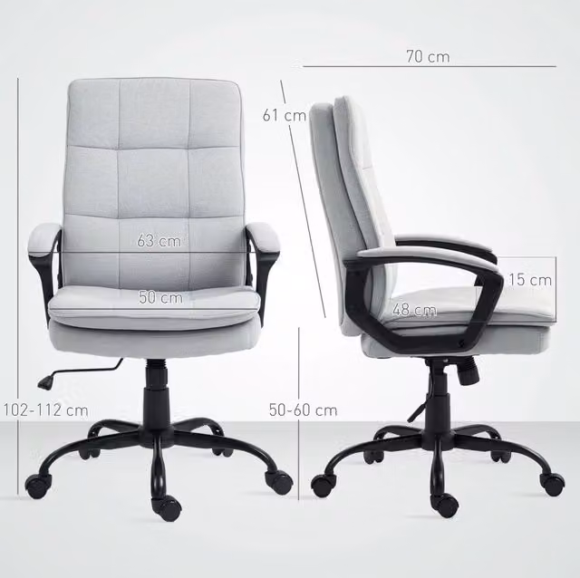 Sedia da ufficio ergonomica grigia con braccioli, altezza regolabile e funzione dondolo