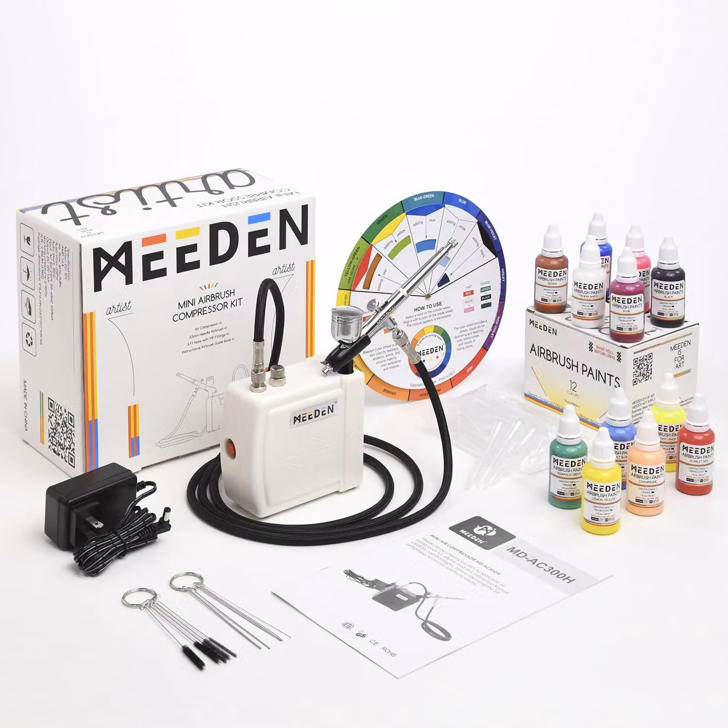 Kit per aerografo completo di compressore, con 12 colori, ago da 0,5 mm e becher da 0,7 cc