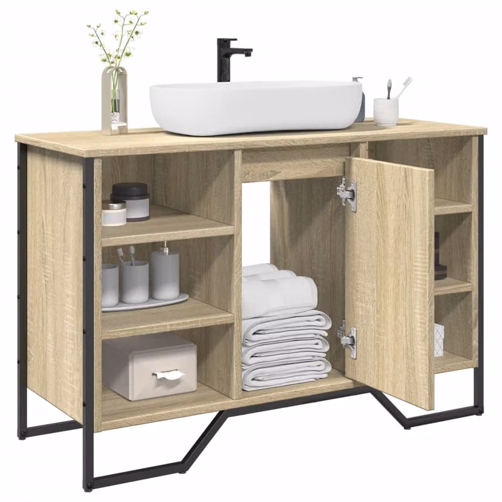Lavabo da bagno moderno vidaXL in rovere sonoma con ante a cerniera e ripiani interni, L 91 cm x P 35 cm x H 60 cm