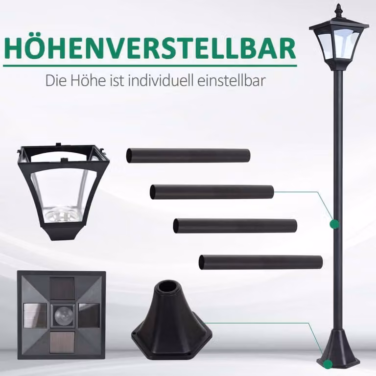 Lanterna da giardino a energia solare AIORBER, luci da giardino, sensore di luce automatico, resistente alle intemperie, IP44, 30 lumen, 15 x 15 x 120 cm, nero