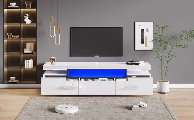 Mobile TV con 3 cassetti e LED a 16 colori, finitura frontale lucida per soggiorno, 160×39×42 cm, bianco