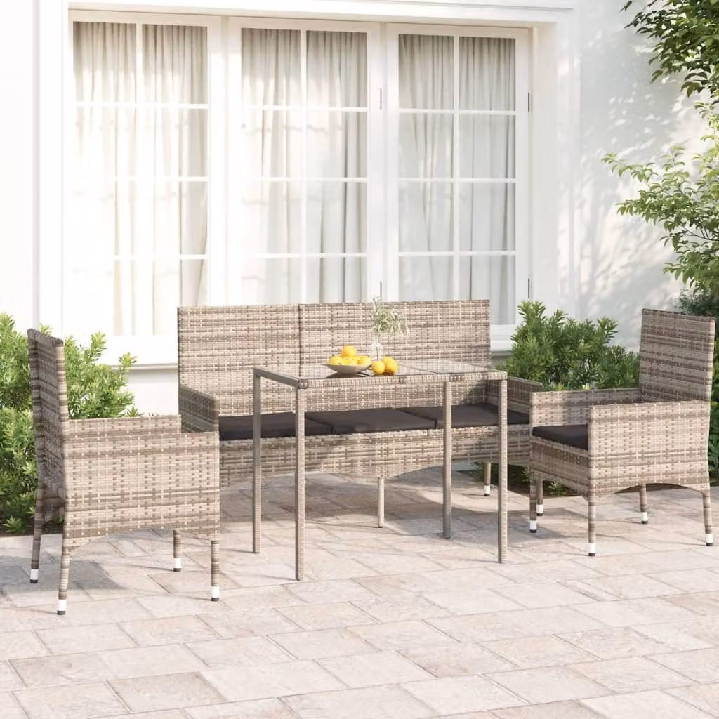 The Living Store Set salotto da giardino 4 pezzi con cuscini in poly rattan grigio