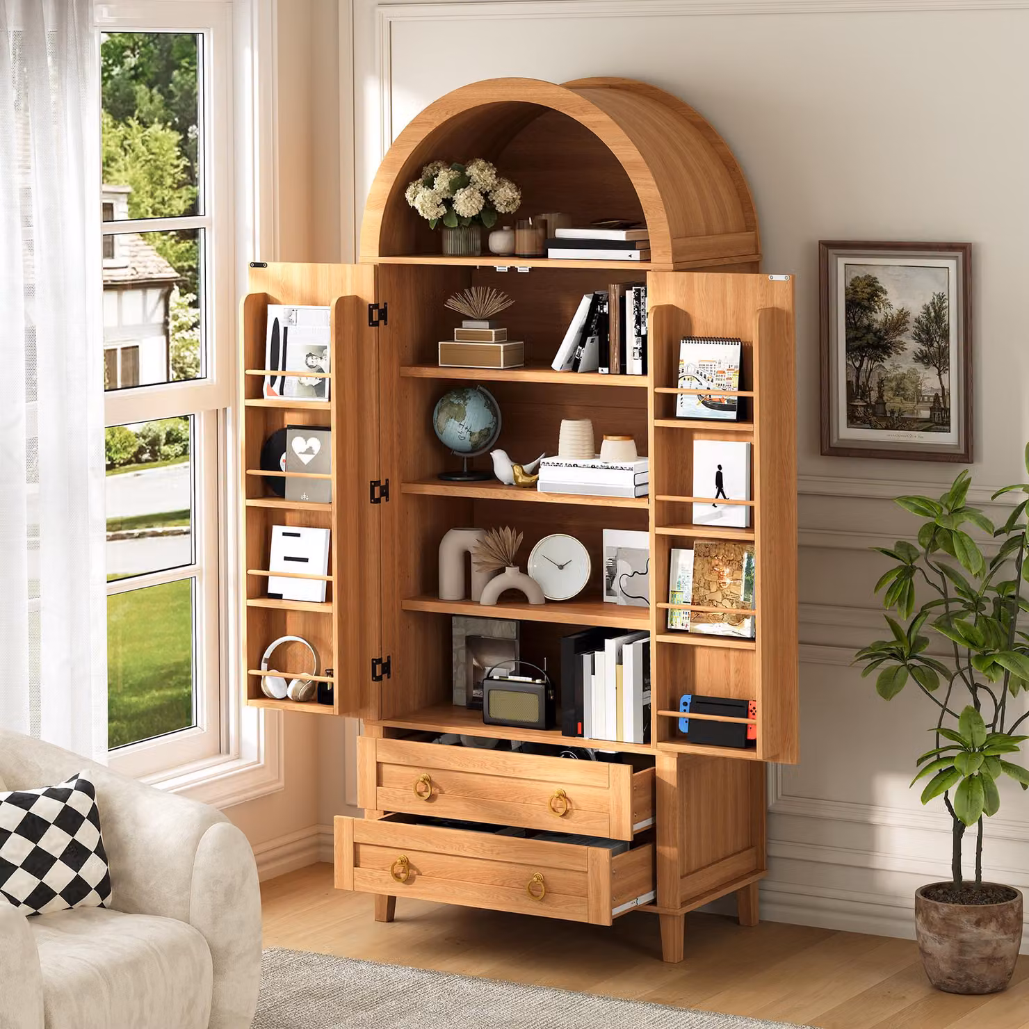 Armadio a giorno con ante a rattan, due cassetti, mobile contenitore con illuminazione LED dimmerabile controllata tramite app, credenza da cucina, stile naturale