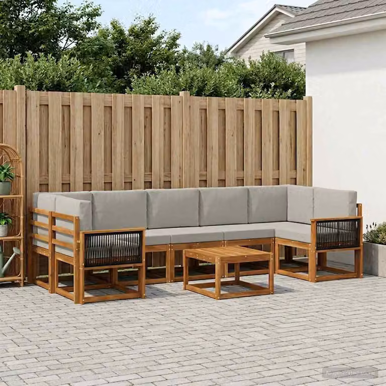 Set di divani da esterno vidaXL a forma di L in legno di acacia con cuscini, 6 pezzi, Beige e Grigio