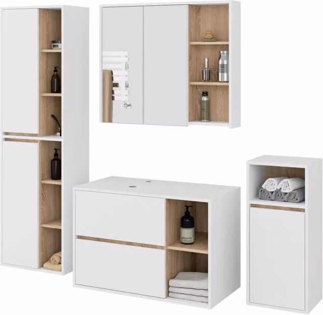 Set di mobili da bagno sospesi VAMI in Bianco con interno Quercia Sonoma con fori per lavabo da appoggio