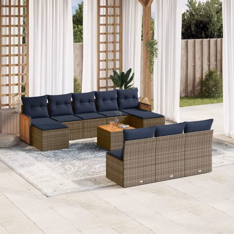 Set di divani da giardino vidaXL a forma di U composto da 11 pezzi in polyrattan grigio con cuscini inclusi e tavolino da caffè