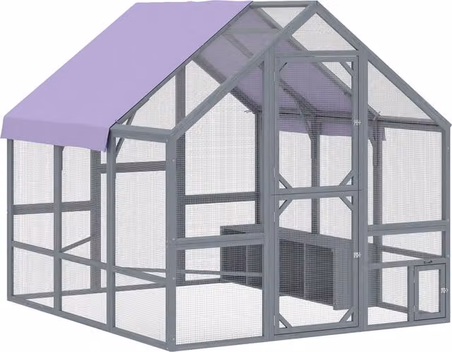 Pollaio PawHut in legno con telo impermeabile, 2 cassette, nido e 2 posatoi per 8-10 galline, Grigio Scuro, L: 211 cm, P: 186,5 cm, H: 185,5 cm
