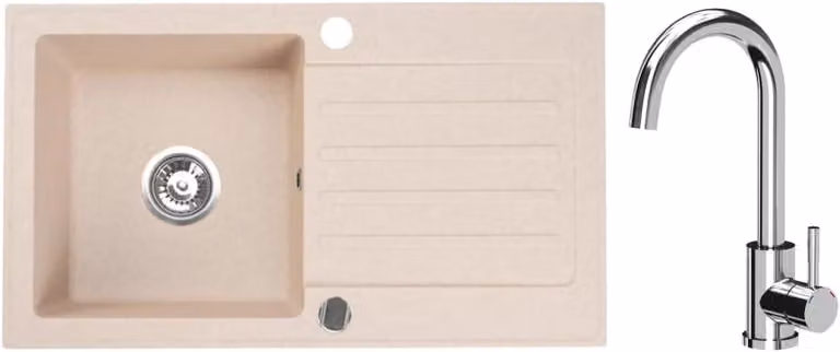 VBChome Lavello in granito 76 x 44 cm Beige con rubinetto Lavello da incasso a vasca singola Reversibile Speckled Lavello di facile manutenzione con sifone