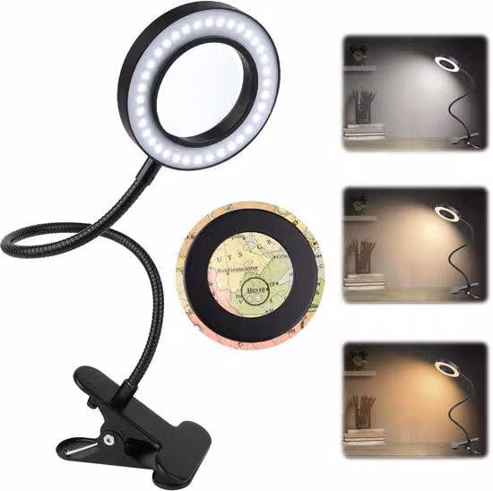 Lampada con lente d'ingrandimento 5x Unyqoos® – luce LED regolabile, 3 modalità di illuminazione e 10 livelli di luminosità, collo flessibile a cigno, morsetto in metallo, compatta per casa e ufficio