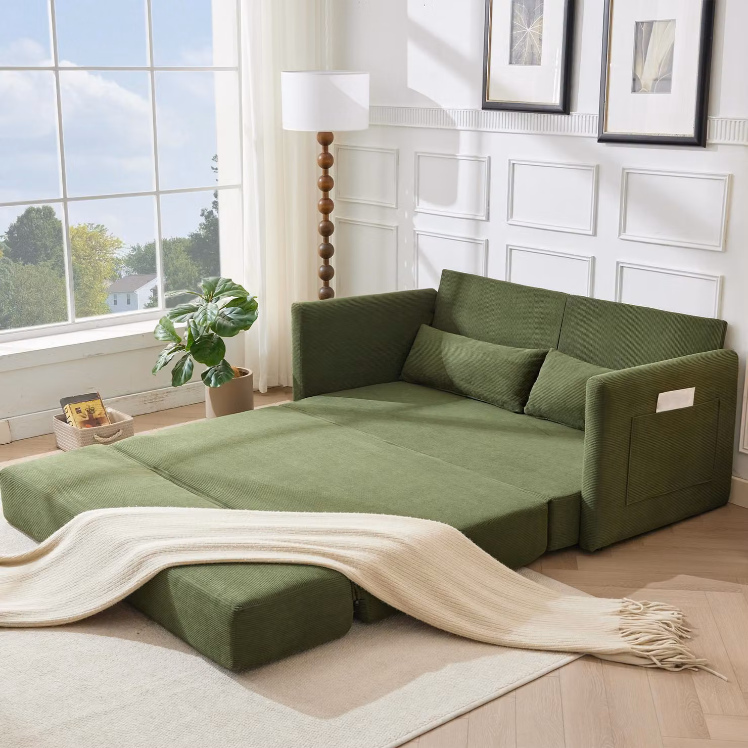 LVHOM Divano letto estraibile a 2 posti in velluto a coste, divano letto con funzione letto e tasche laterali, divano letto per ospiti incl. 2 cuscini, 165 x 92 x 82 cm, verde