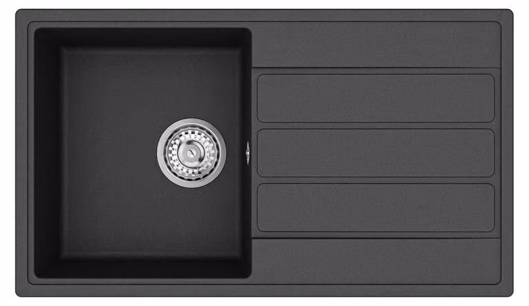 Lavello da cucina in granito SAT, modello monovasca con piano di appoggio, dimensioni 76x44 cm, colore nero