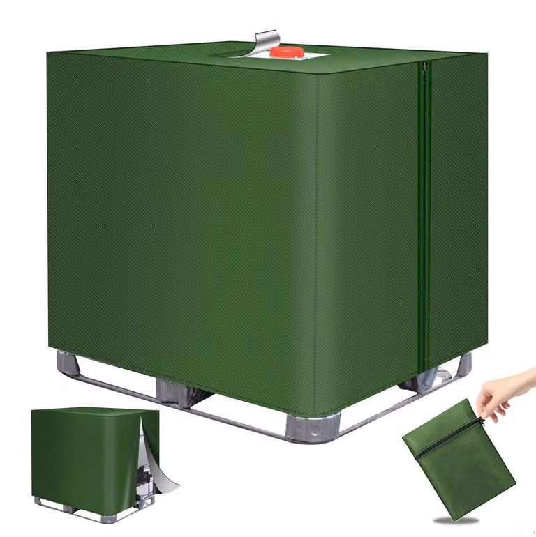 Copertura verde per serbatoio IBC, capacità 1000 litri, dimensioni 120x100x116 cm, realizzata in tessuto Oxford 420D con protezione anti-UV