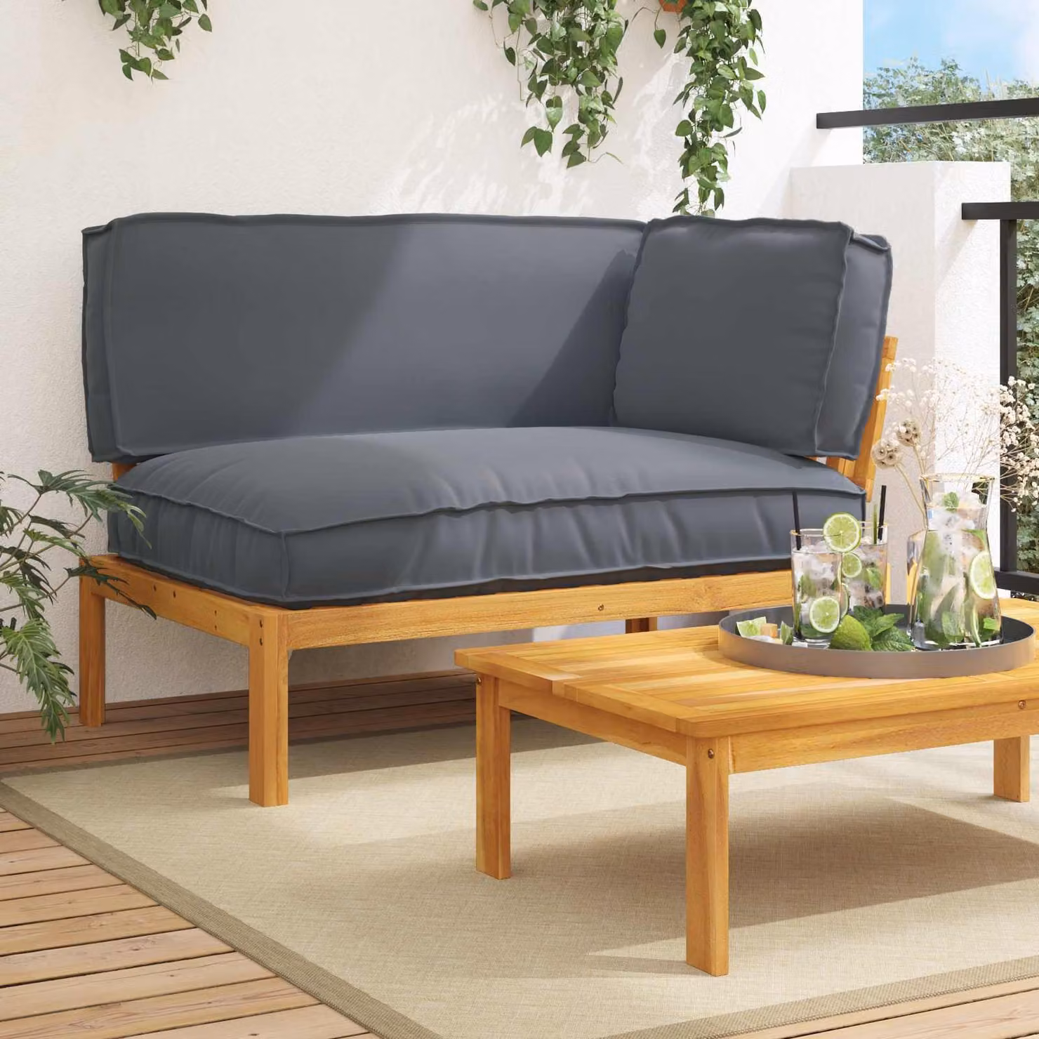 Set di divano da giardino a L vidaXL in legno di acacia con cuscini, colore Antracite, L/P/H: 133 x 92 x 69 cm
